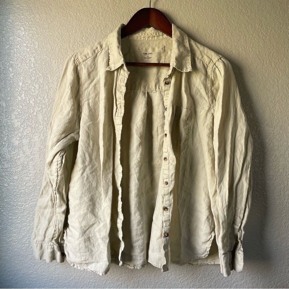 M&S Pure Linen Womens 12 100% Flax Beige Casual Button Down Shirt Boho Coastal